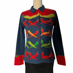 Michael Simon Vintage Beaded Chili Peppers Denim Jacket Small